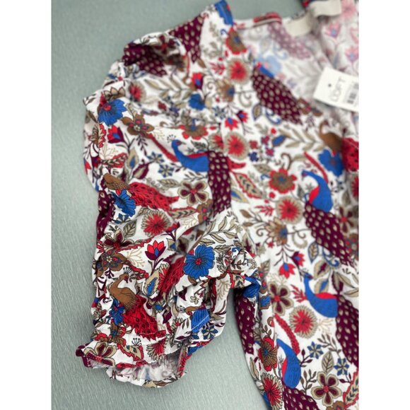 WOMEN LOFT Peacock Ruffle Cinched Sleeve V-Neck Top M - Picture 4 of 15